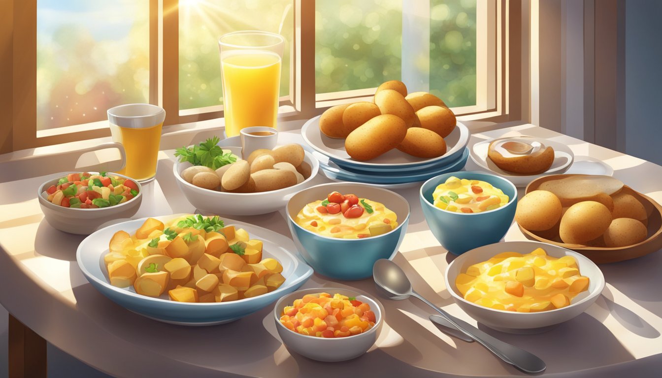 A table set with a variety of delicious breakfast potato dishes, surrounded by vibrant morning light streaming through a window