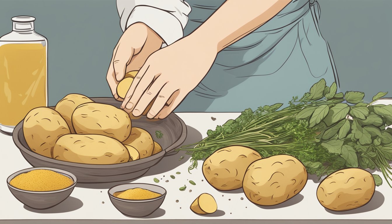 A close-up of freshly harvested potatoes being washed and sliced by hand, with a variety of herbs and spices arranged neatly on the counter