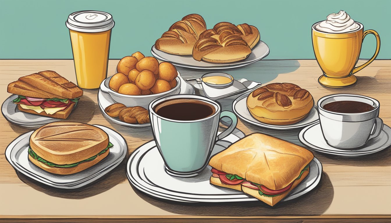 A table set with a spread of breakfast options, including coffee, sandwiches, and pastries, with the Wendy's logo prominently displayed