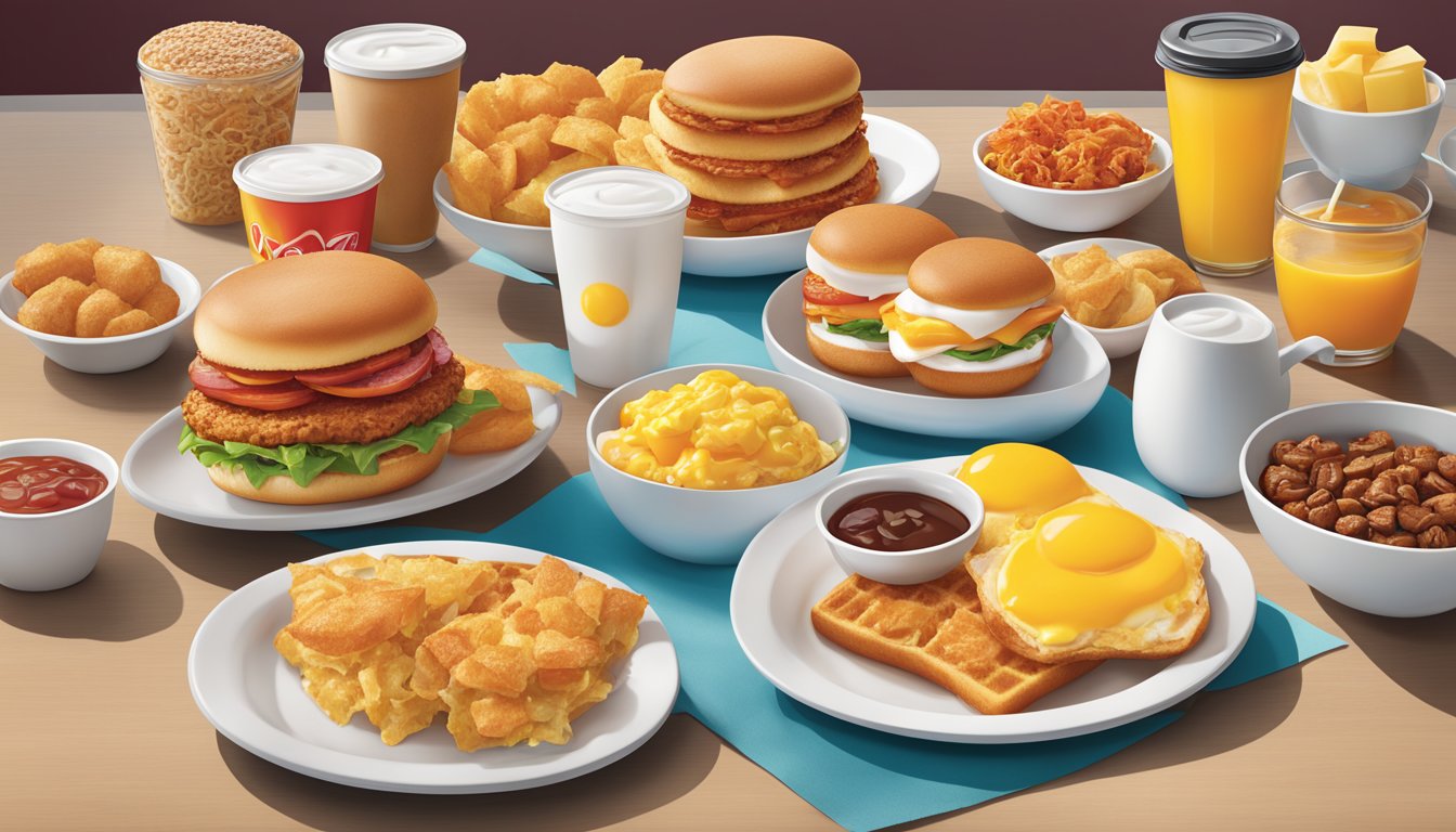 A colorful spread of Wendy's breakfast items, arranged in a modern, innovative display