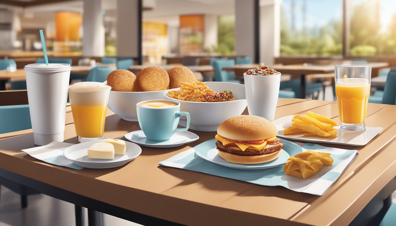 A group of breakfast items and beverages arranged on a table in a bright, modern restaurant setting, with the Wendy's logo prominently displayed