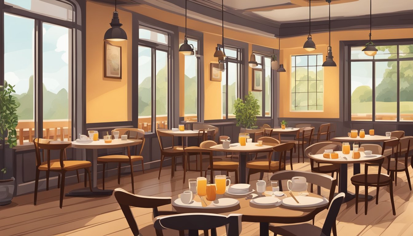 A cozy, well-lit restaurant with tables set for a breakfast meeting. Warm colors and inviting atmosphere