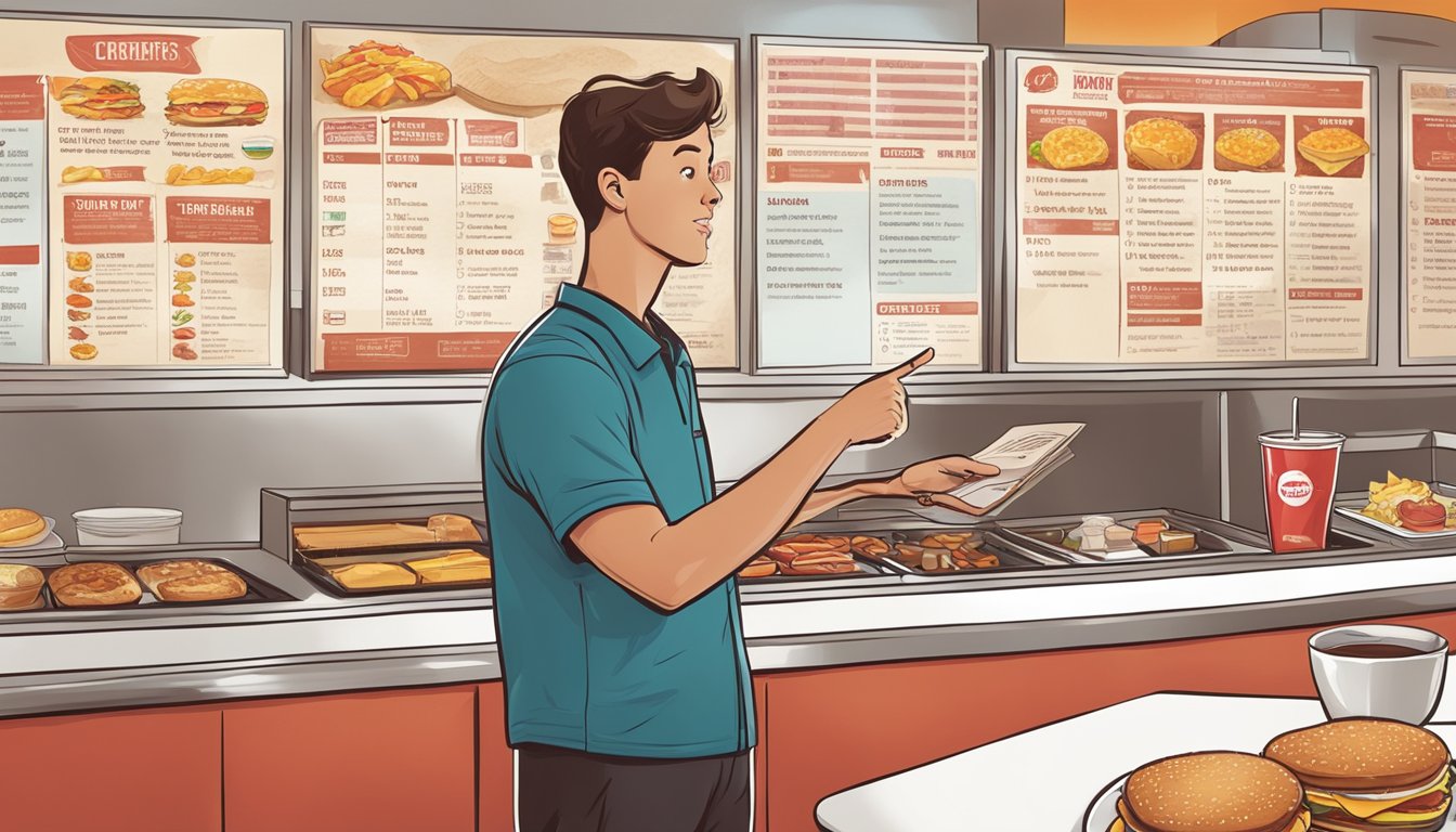 A person standing in front of a Wendy's breakfast menu, pointing and gesturing while making various mistakes in their order