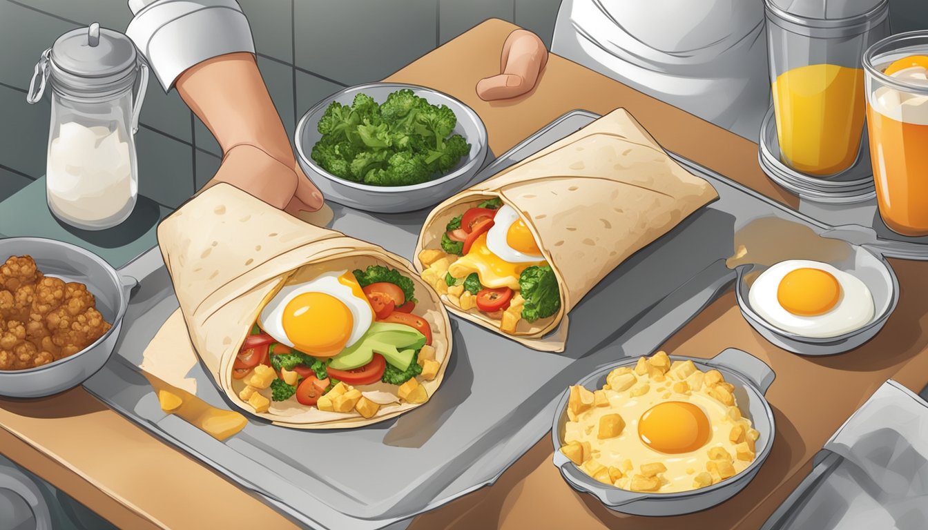 A breakfast burrito with eggs, cheese, and vegetables being prepared in a fast-food kitchen