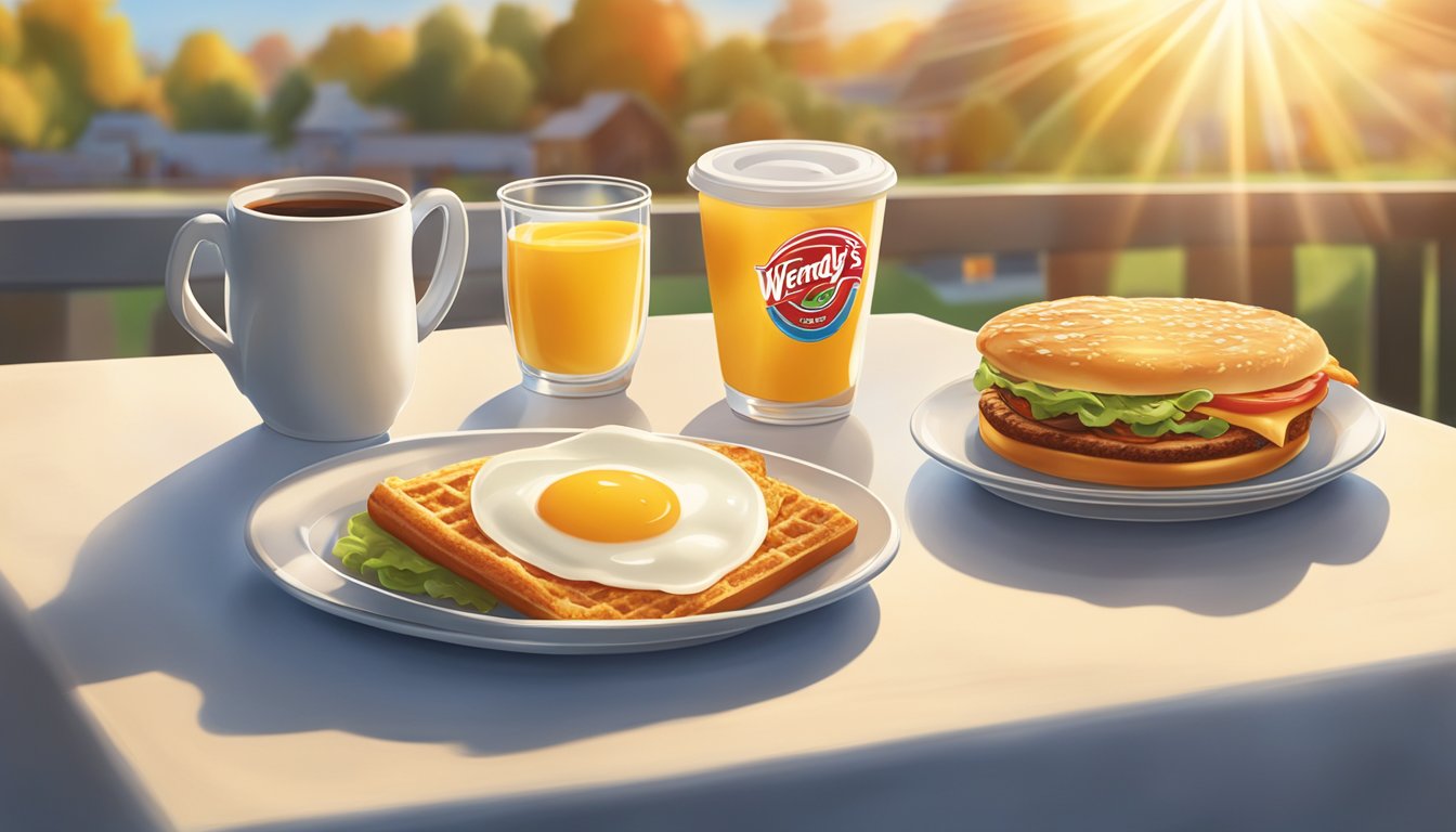 A sunny breakfast scene with clouds in the background. A plate with Wendy's breakfast sits on a table, radiating warmth and joy