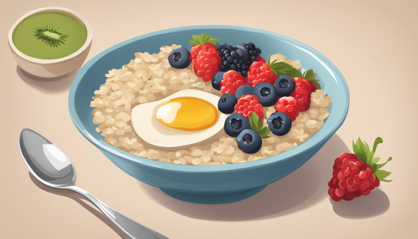 A bowl of plain oatmeal topped with fresh berries on a table with a menu listing 6 breakfast hacks for vegetarians