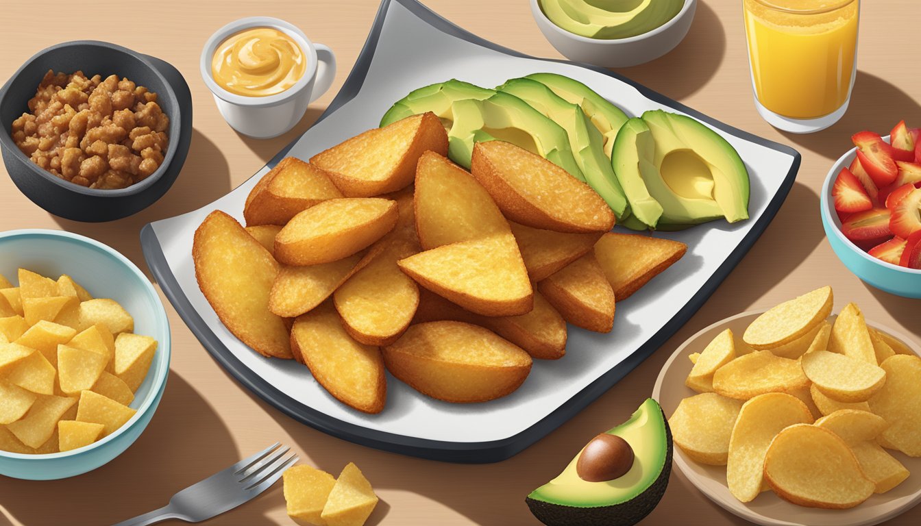 A plate of golden crispy potato wedges topped with sliced avocado, surrounded by vibrant breakfast items from Wendy's