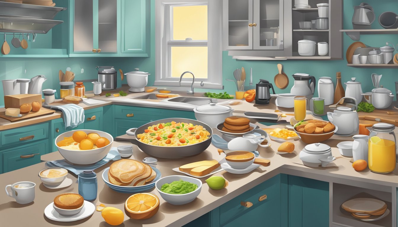 A chaotic kitchen with multiple breakfast items mixed up and scattered around, creating confusion and frustration