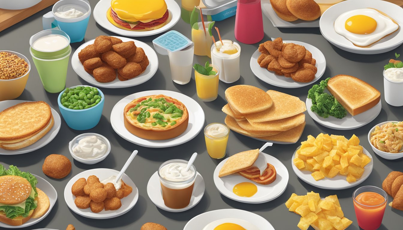 A spread of Wendy's breakfast items, including vegetarian options, arranged on a table with creative hacks displayed