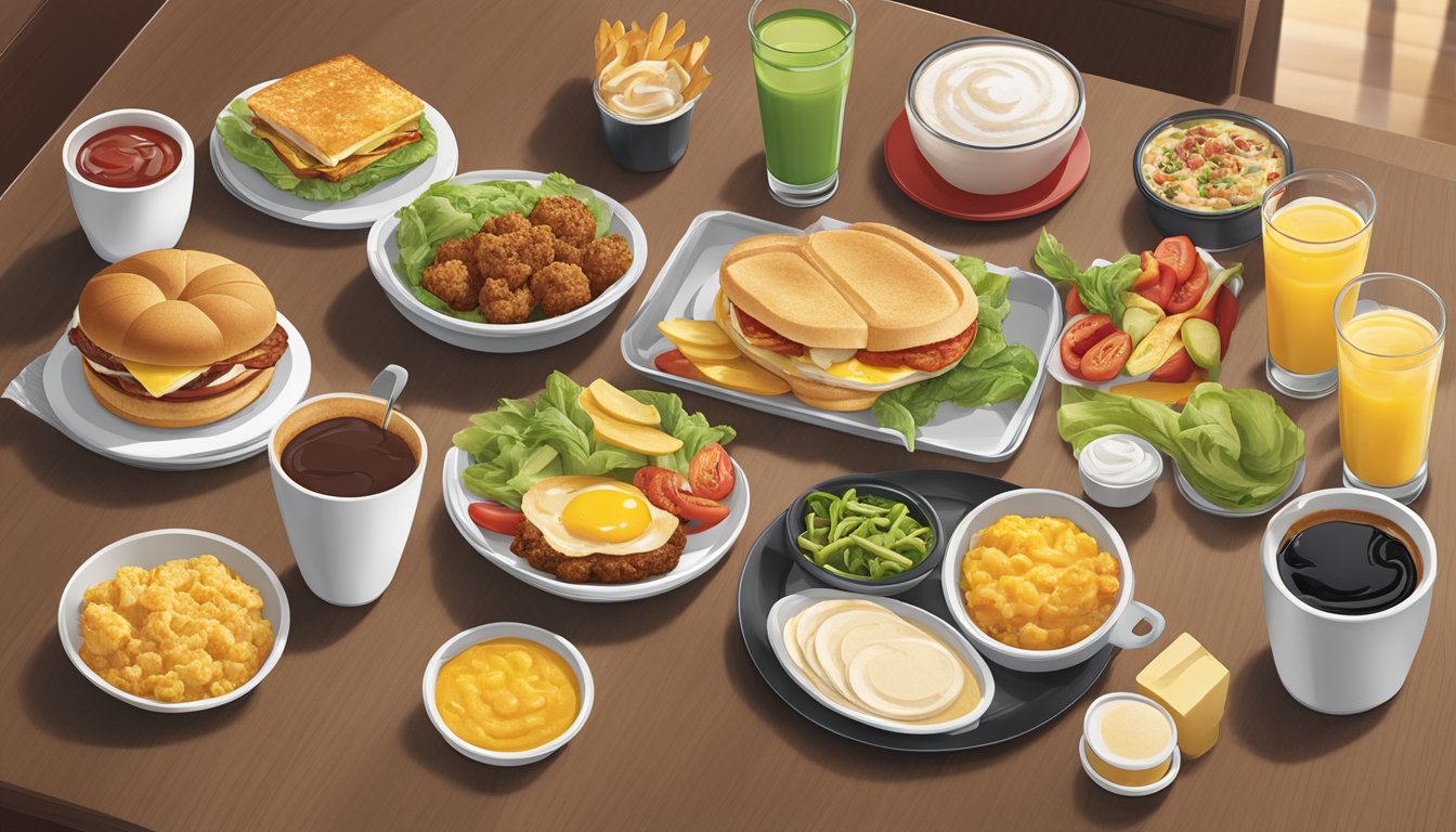 A table set with a variety of vegetarian breakfast options from Wendy's, including customized menu items and innovative combinations