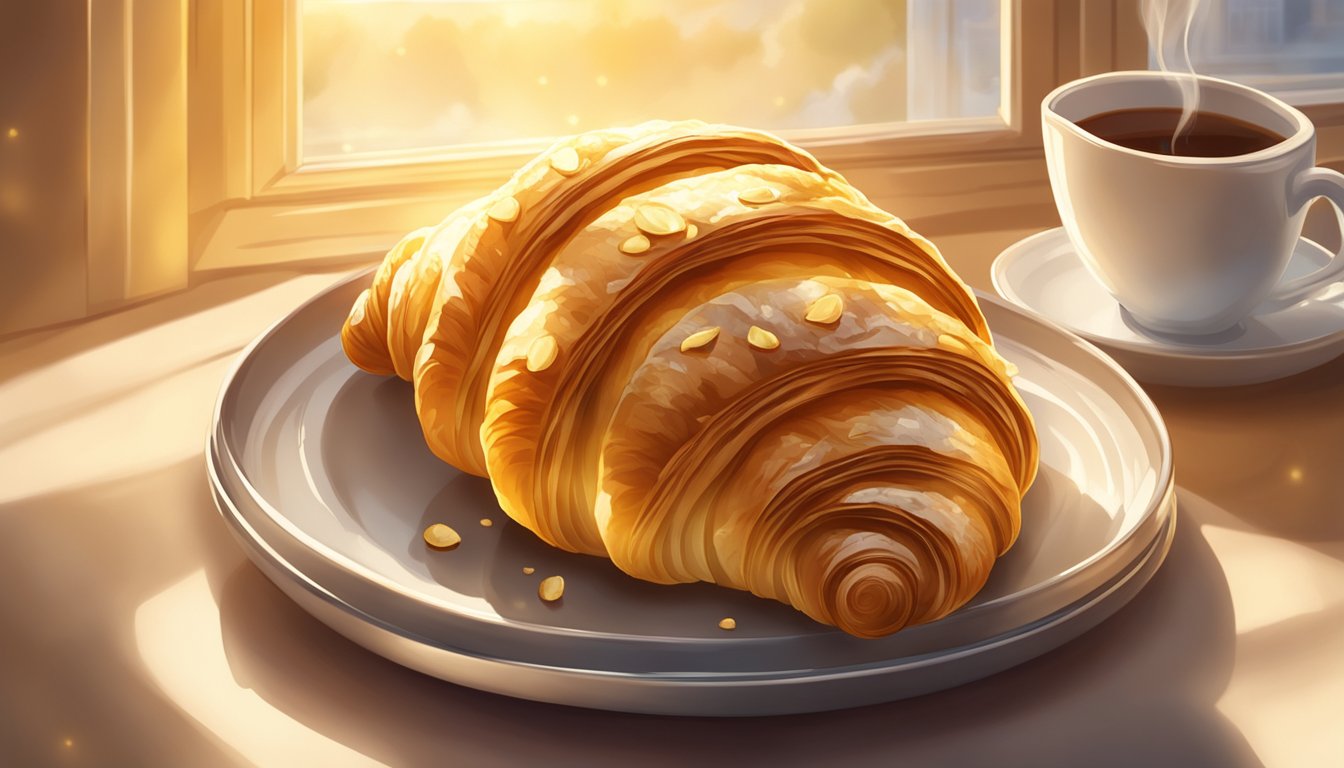 A golden, flaky croissant sits on a plate, steam rising from its buttery layers. The morning sun streams through a window, casting a warm glow on the pastry