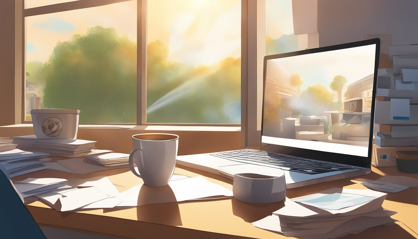 A steaming cup of Wendy's coffee sits on a desk, surrounded by scattered papers and a computer, with the morning sun streaming through a nearby window