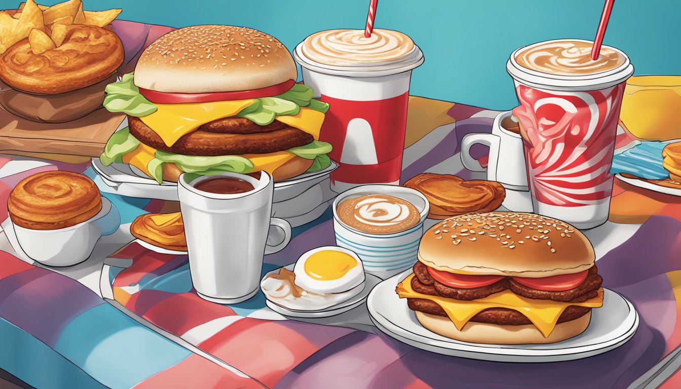 A colorful breakfast spread with Wendy's iconic items, like the Baconator and Frosty-ccino, arranged on a table with a playful and energetic vibe