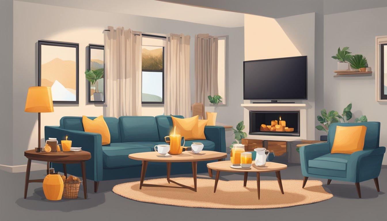 A cozy living room with a scented candle burning on a coffee table, surrounded by 13 different items bought for the price of a Wendy's breakfast combo