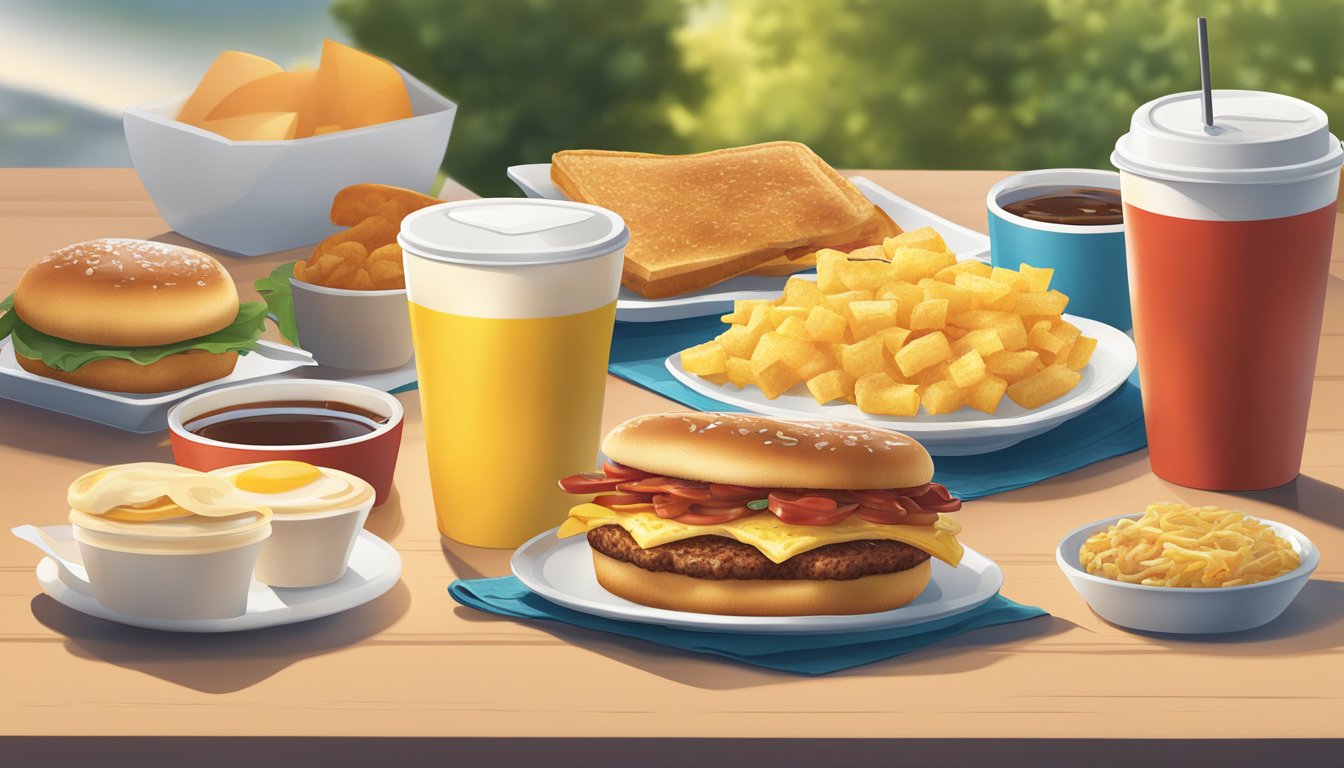 A sunny morning with a Wendy's breakfast spread on a table, featuring a variety of breakfast items such as sandwiches, coffee, and hash browns