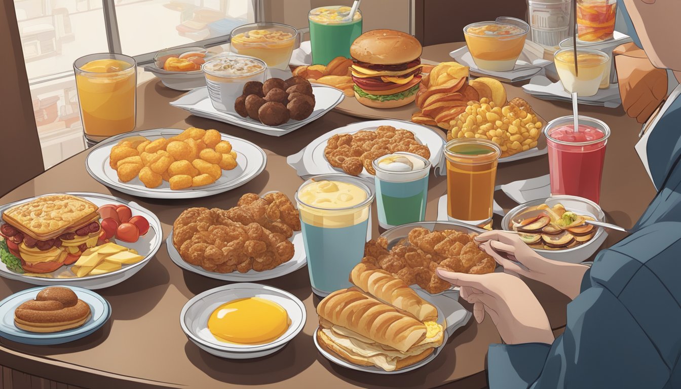 A table with a variety of Wendy's breakfast items spread out, with a person pointing at a menu board