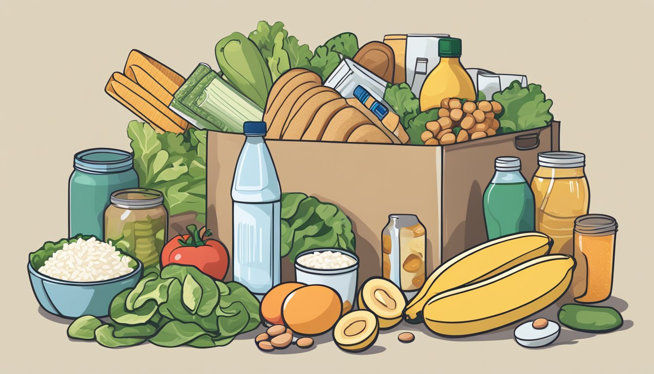 A reusable shopping bag overflowing with items: a loaf of bread, a carton of eggs, a bunch of bananas, a jar of peanut butter, a bag of rice, a can of beans, a head of lettuce, a box of pasta, a bottle of milk, a pack of chicken thighs, a bag of frozen vegetables, a box of cereal, and a jar of pasta sauce