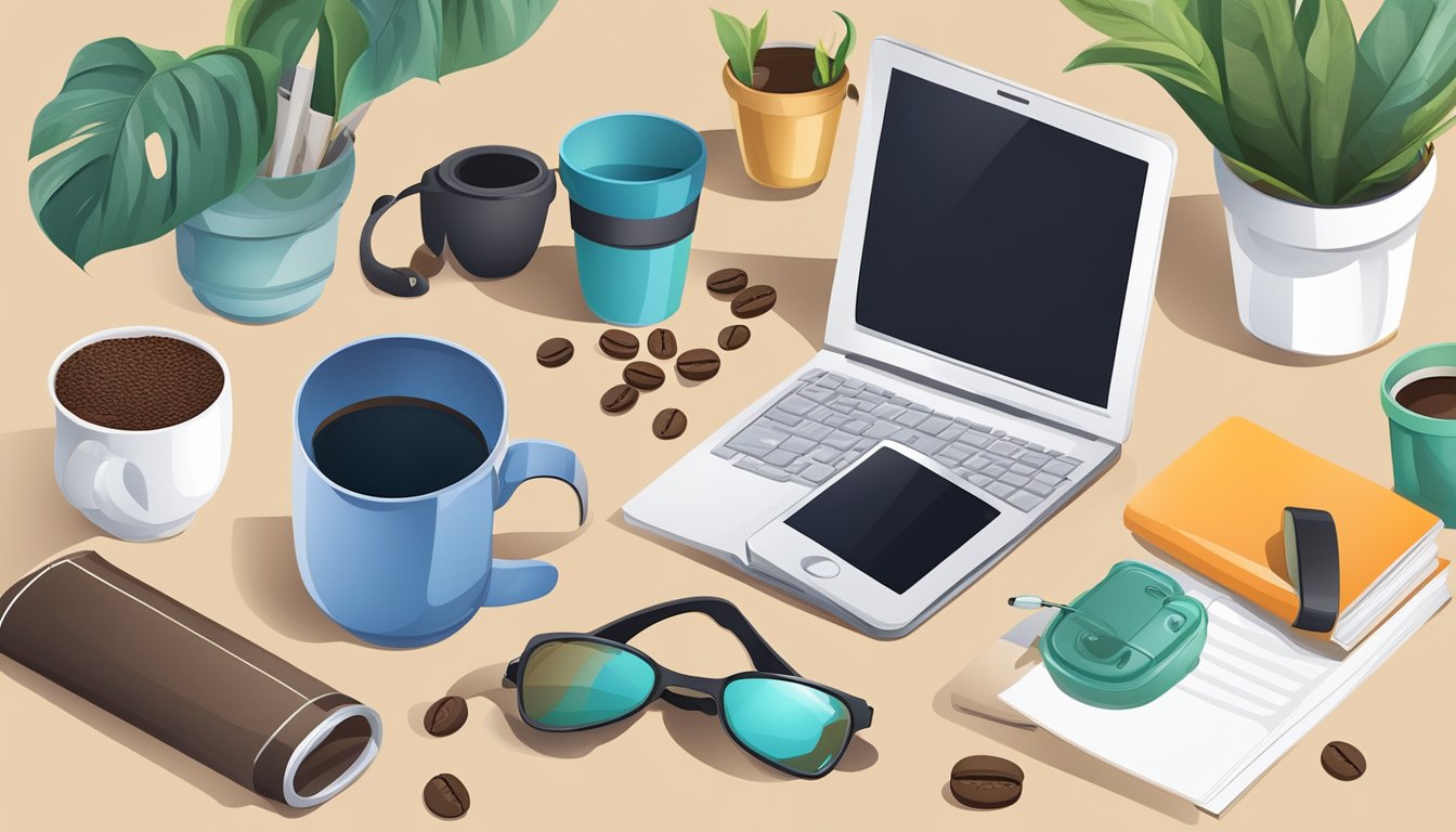 A travel mug surrounded by various items including a book, a potted plant, a smartphone, a pair of sunglasses, and a bag of coffee beans