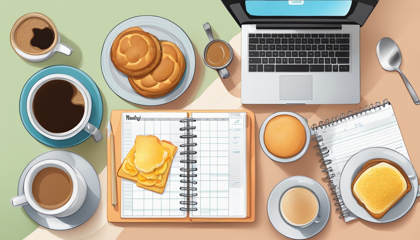 A table set with a variety of Wendy's breakfast items, with a coffee mug and a planner open to the morning schedule