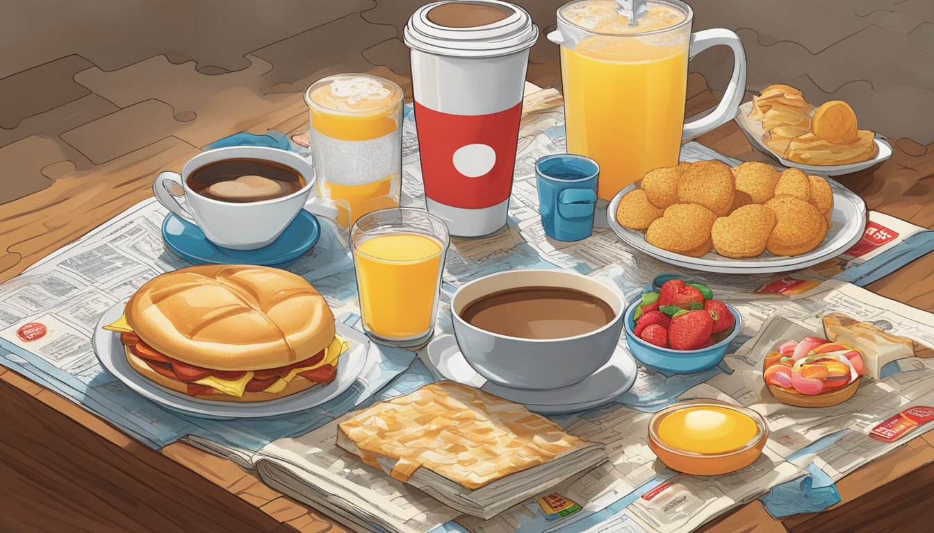 A puzzle book cover with a large Wendy's breakfast combo surrounded by 13 different items, such as a coffee, a newspaper, and a pack of gum