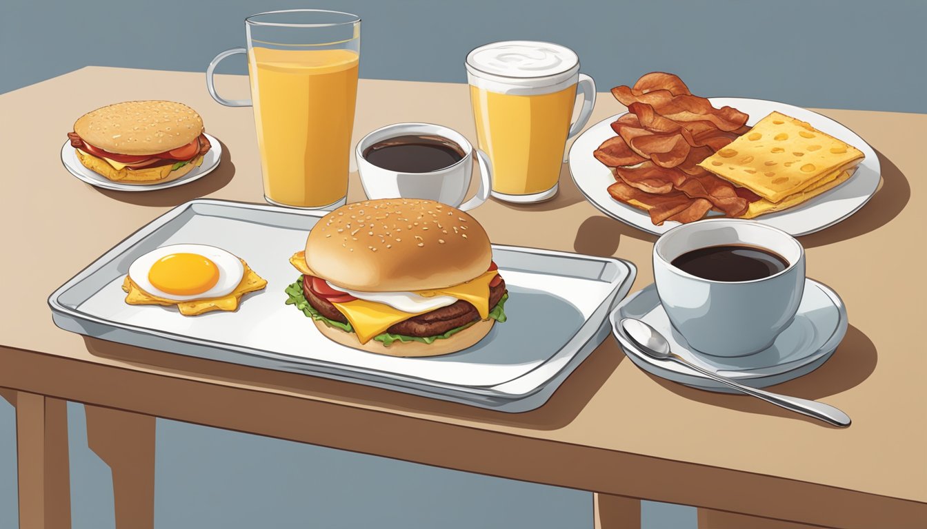 A table with a spread of Wendy's breakfast items, including a bacon, egg, and cheese biscuit, a breakfast burrito, and a cup of coffee