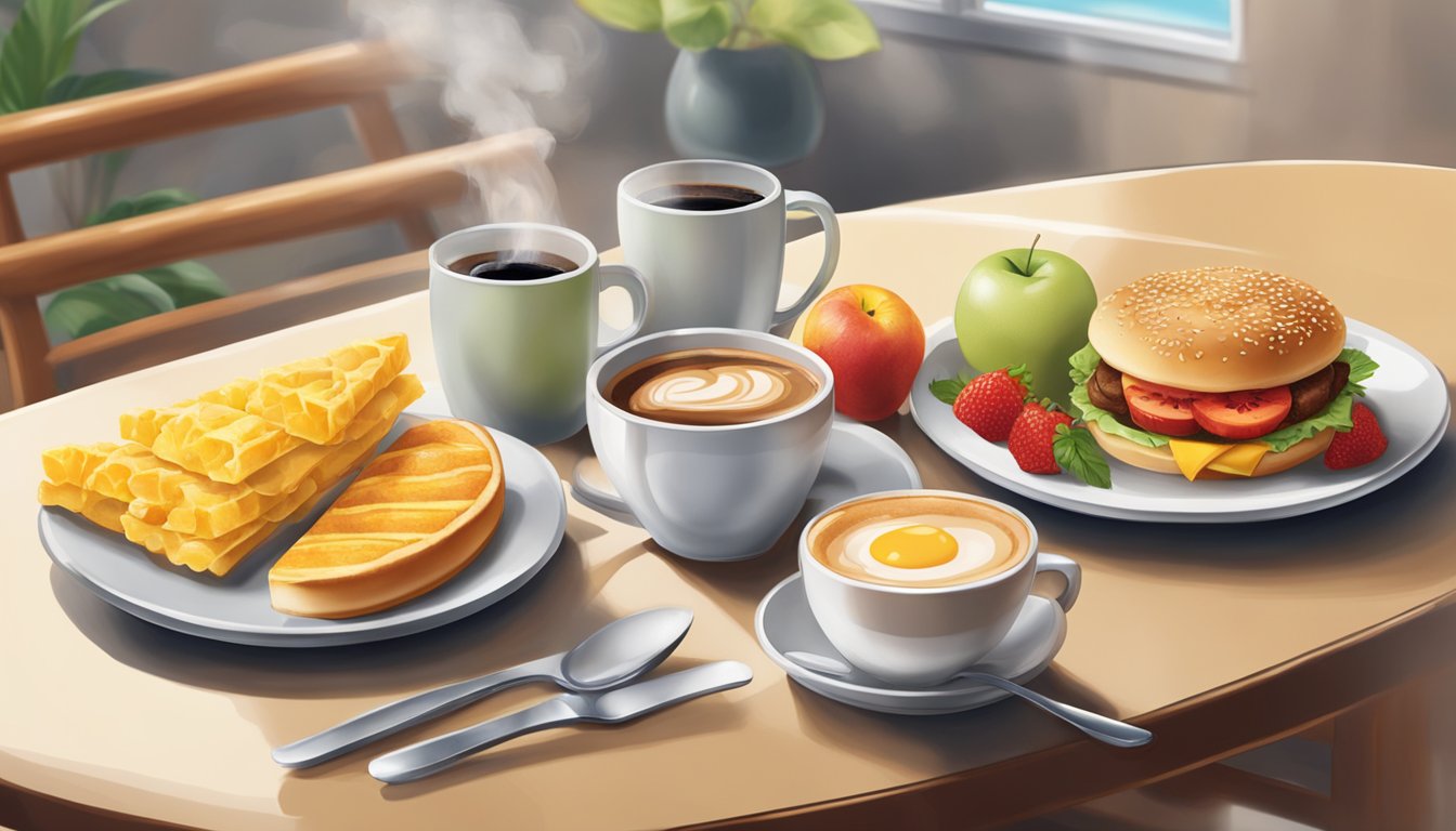 A table set with a variety of Wendy's breakfast items, with a steaming cup of coffee and a fresh fruit bowl on the side