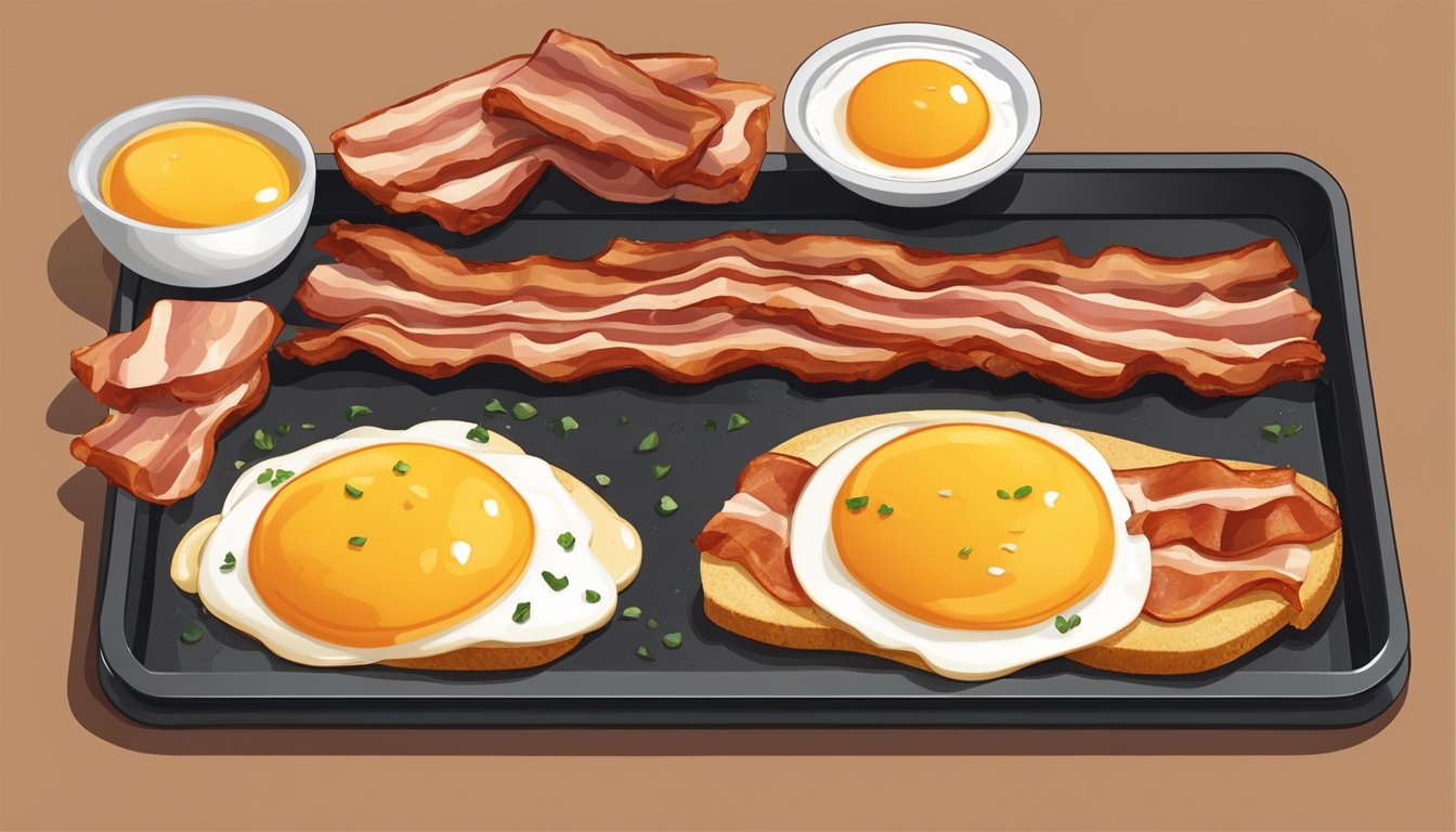 A sizzling strip of bacon sizzling on a hot griddle, surrounded by freshly cracked eggs and golden-brown breakfast potatoes