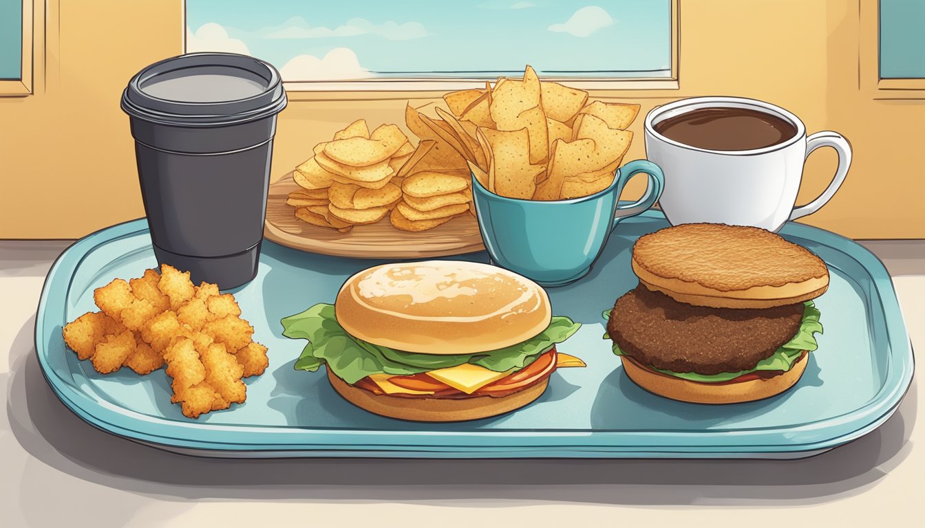 A steaming cup of coffee sits next to a freshly made breakfast sandwich, with a side of crispy hash browns, all arranged on a bright, cheerful tray