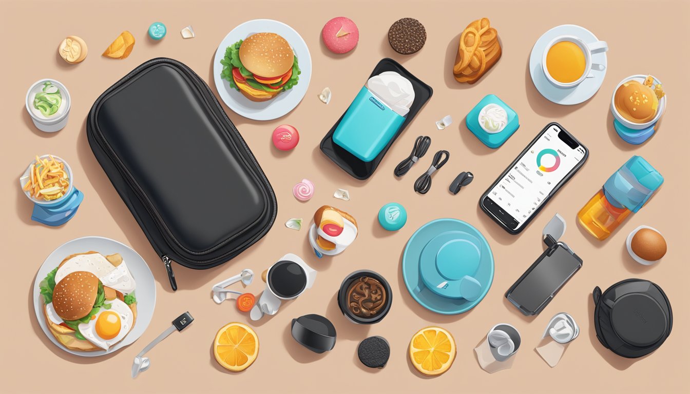 A wireless earbuds case surrounded by 13 items, including a breakfast combo from Wendy's, all arranged in a visually appealing manner