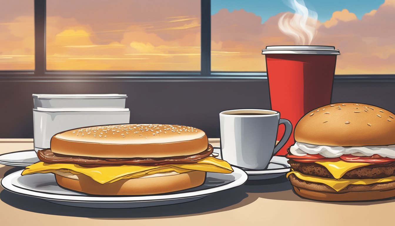 A steaming cup of coffee sits next to a mouth-watering breakfast sandwich on a table, with the recognizable red and yellow Wendy's logo in the background