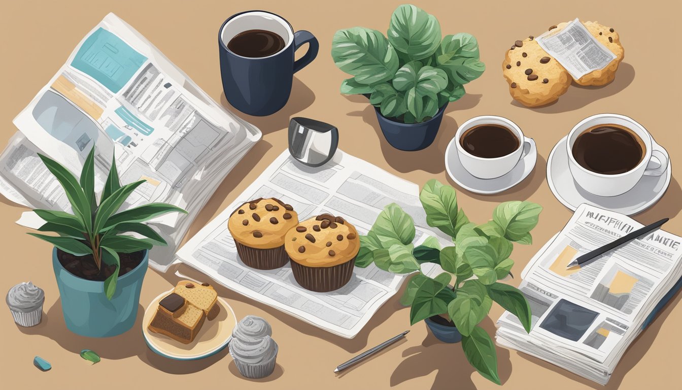 A small plant surrounded by 13 different items, including a coffee, a muffin, and a newspaper, all arranged on a table