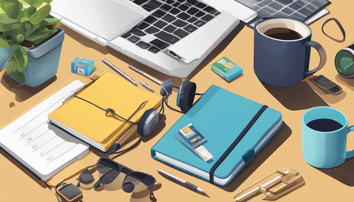 A notebook surrounded by 13 items: a coffee mug, a paperback book, a potted plant, a smartphone, a pack of gum, a pair of sunglasses, a keychain, a pen, a wallet, a set of keys, a granola bar, a water bottle, and a pair of headphones