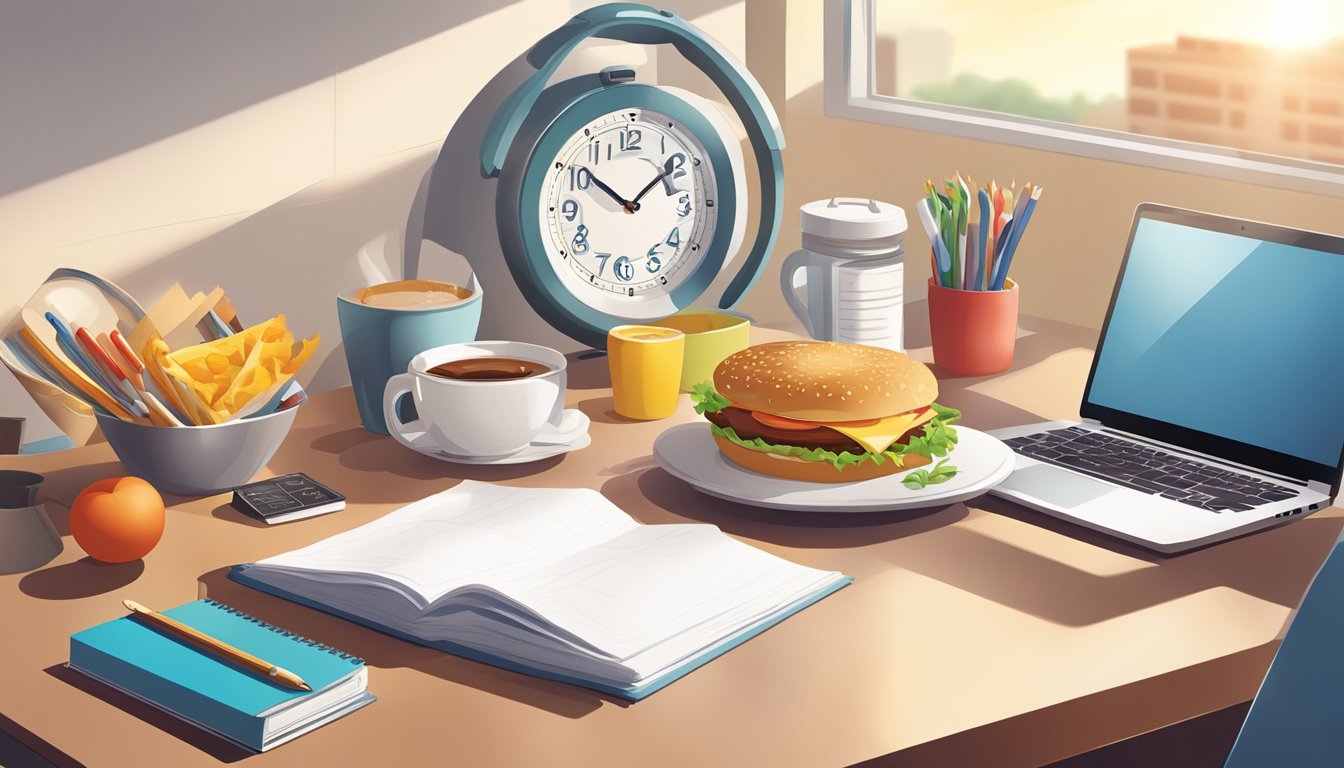 A sunny morning with a Wendy's breakfast spread on a desk, surrounded by office supplies and a clock showing 9 AM