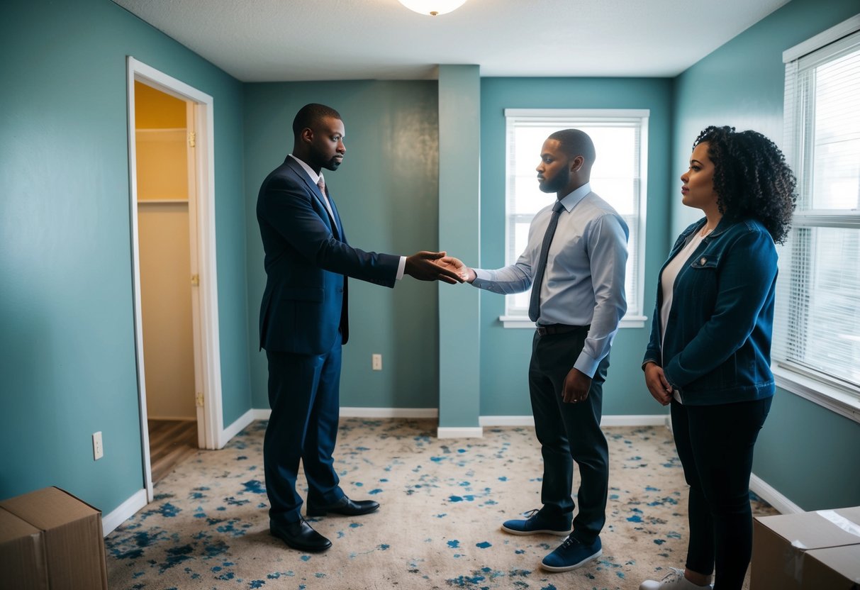 A cluttered apartment with chipped paint and stained carpets. A landlord holds out a hand for a security deposit while a renter looks hesitant