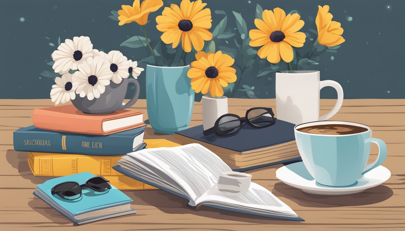 A coffee mug surrounded by 13 items including a book, flowers, and a movie ticket