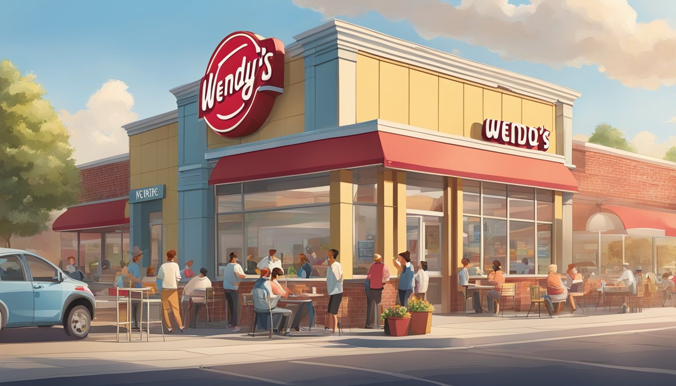 A sunny morning at a bustling Wendy's restaurant, with customers enjoying breakfast. The iconic Wendy's logo is prominently displayed, and there is a sense of excitement and anticipation in the air