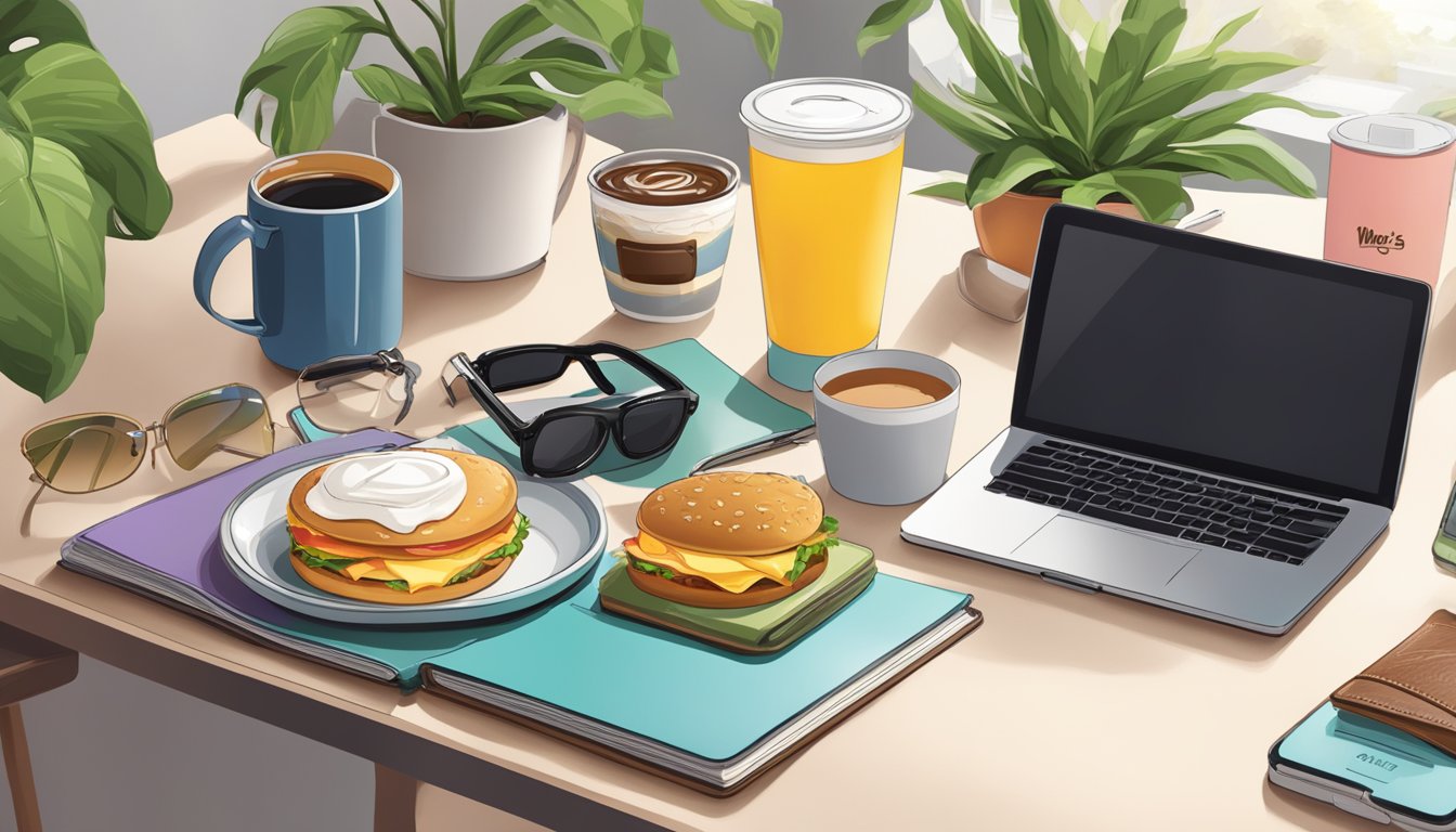 A phone stand surrounded by a Wendy's breakfast combo, a coffee cup, a notebook, a pen, sunglasses, a plant, a watch, a wallet, and a keychain