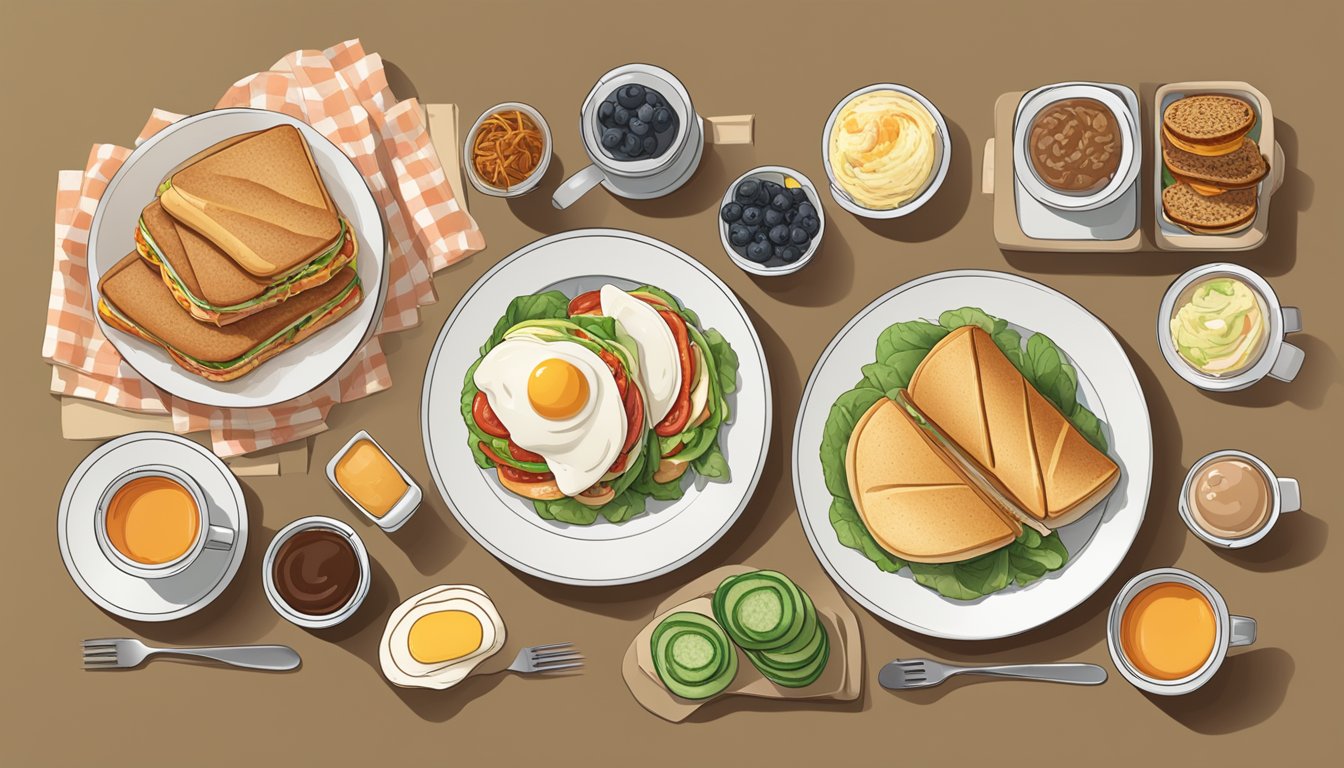 A table with six different breakfast options laid out, including a variety of sandwiches, wraps, and sides, each carefully arranged and labeled