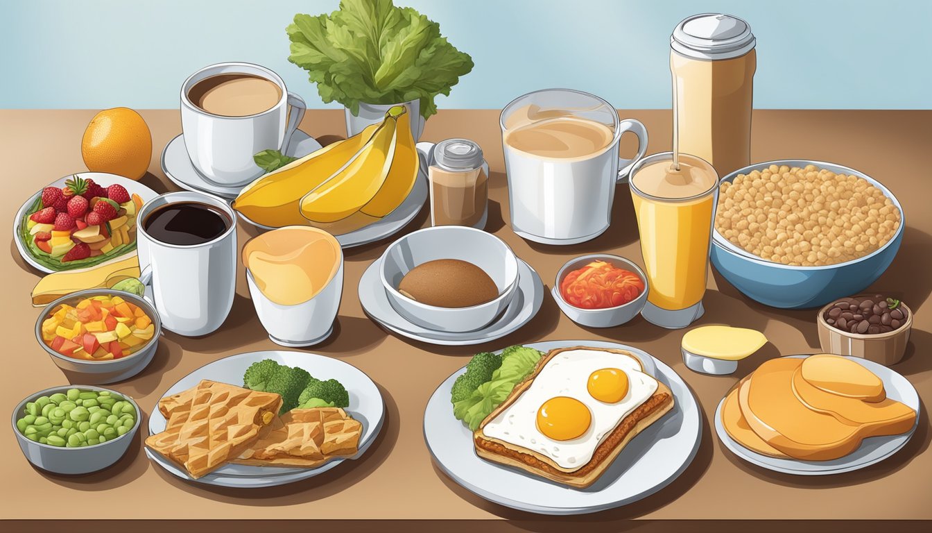 A breakfast table with a variety of nutritious foods, including fruits, vegetables, whole grains, and protein sources, balanced with a Wendy's breakfast sandwich and coffee