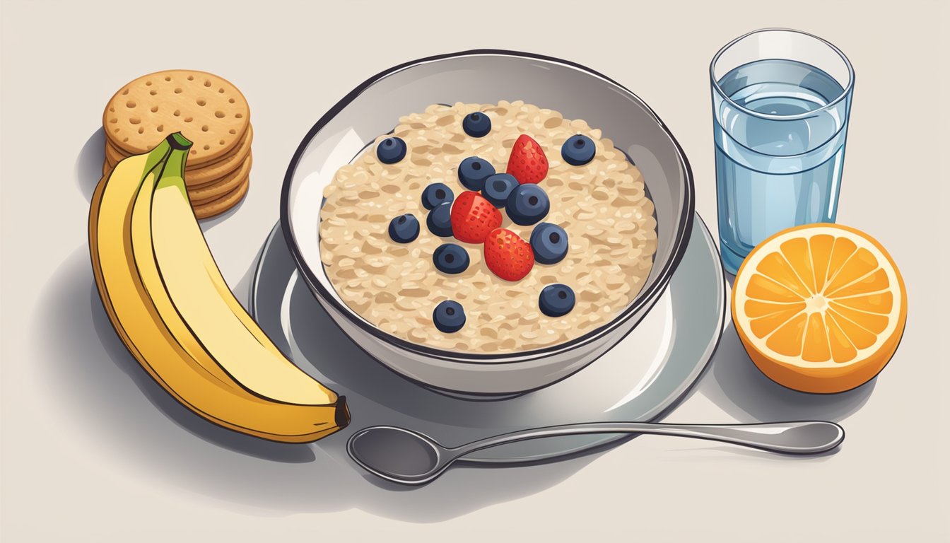 A bowl of oatmeal sits on a table, surrounded by fresh fruit and a glass of water. A plate of biscuits is pushed to the side