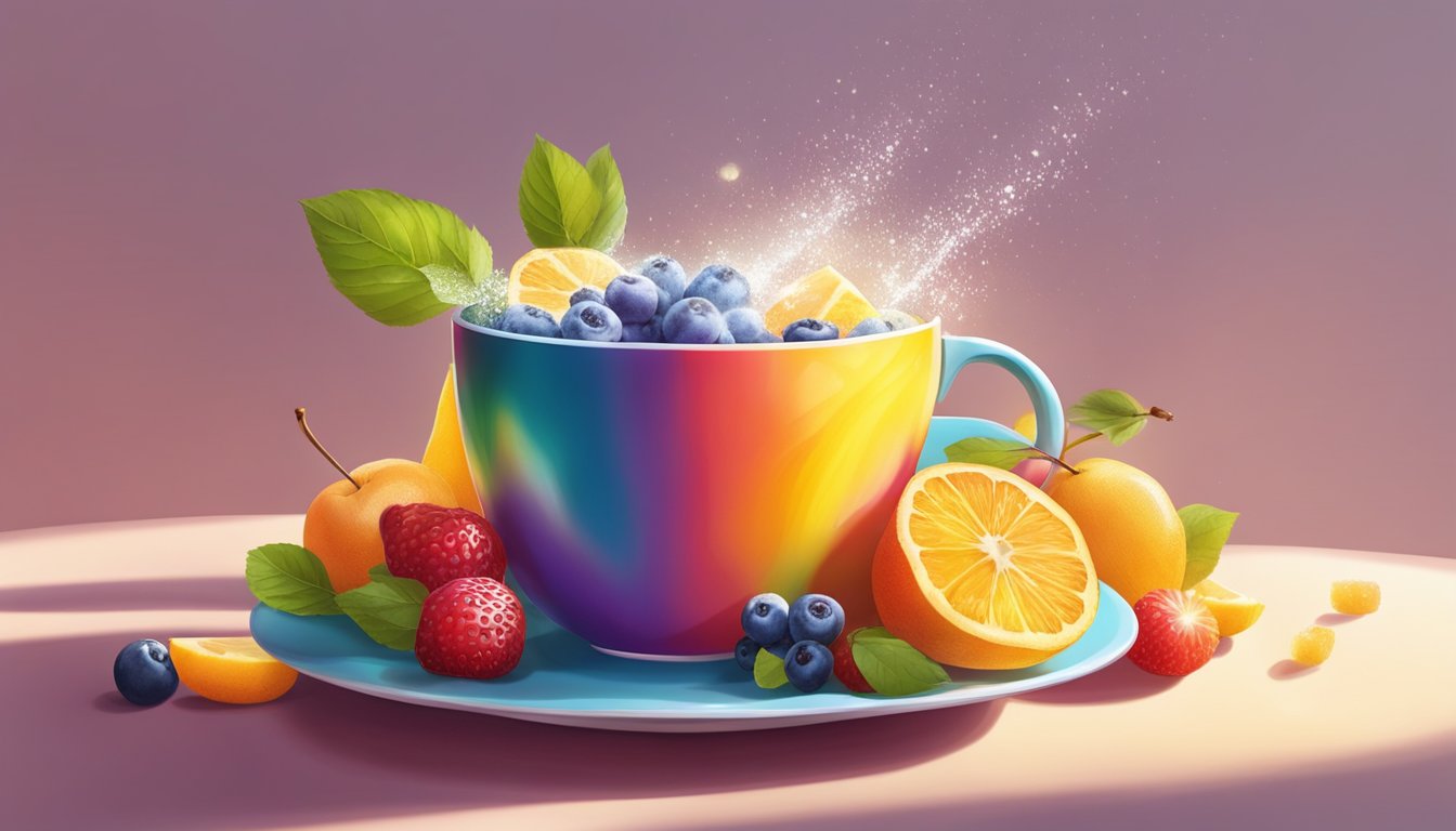 A colorful array of fresh fruit spilling out of a vibrant cup, surrounded by a halo of morning sunlight