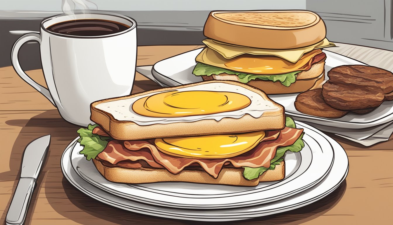 A sizzling bacon, egg, and cheese sandwich on a toasted bun sits on a white plate next to a cup of steaming coffee