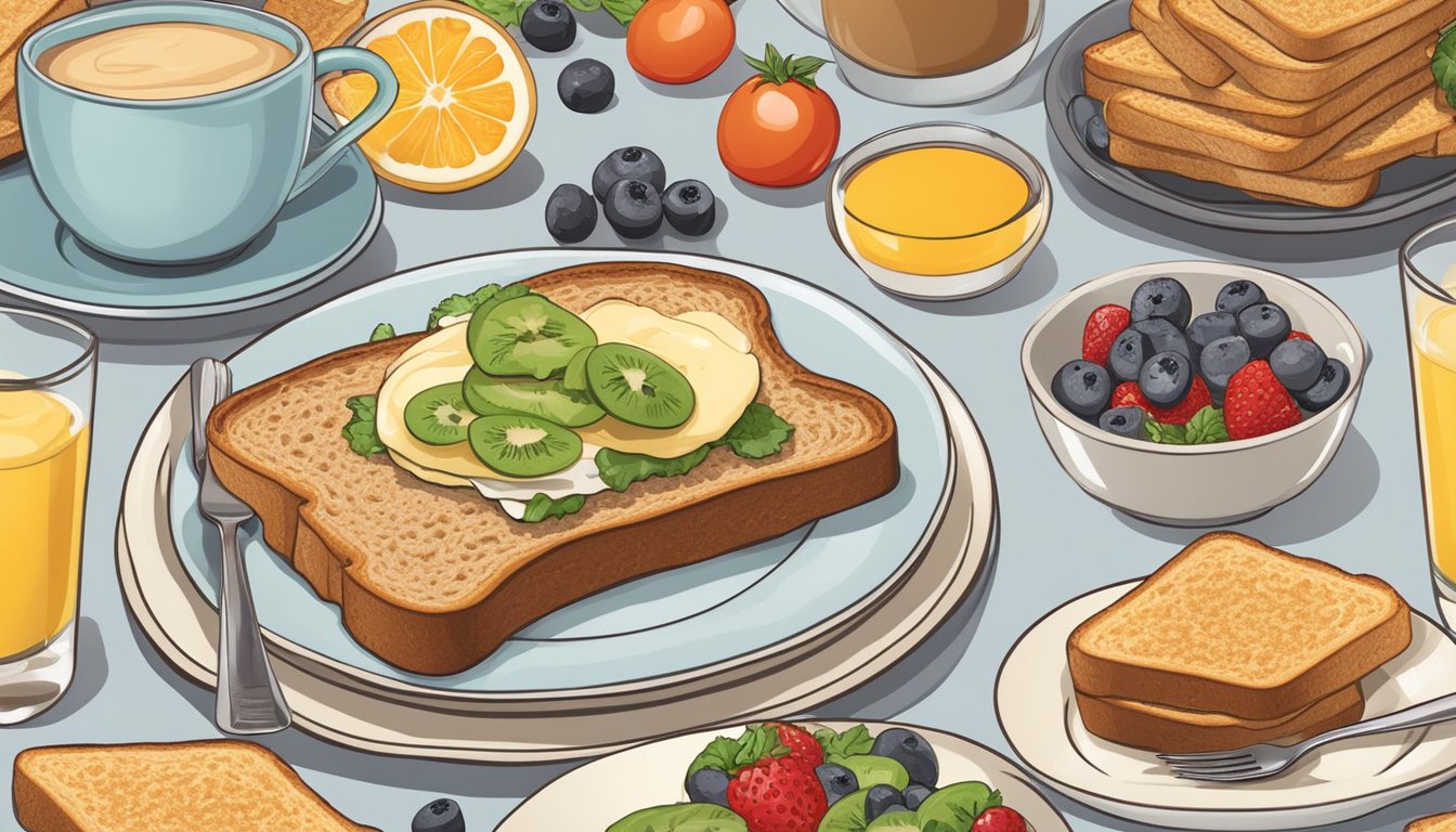 A plate of whole grain toast surrounded by various healthy breakfast toppings