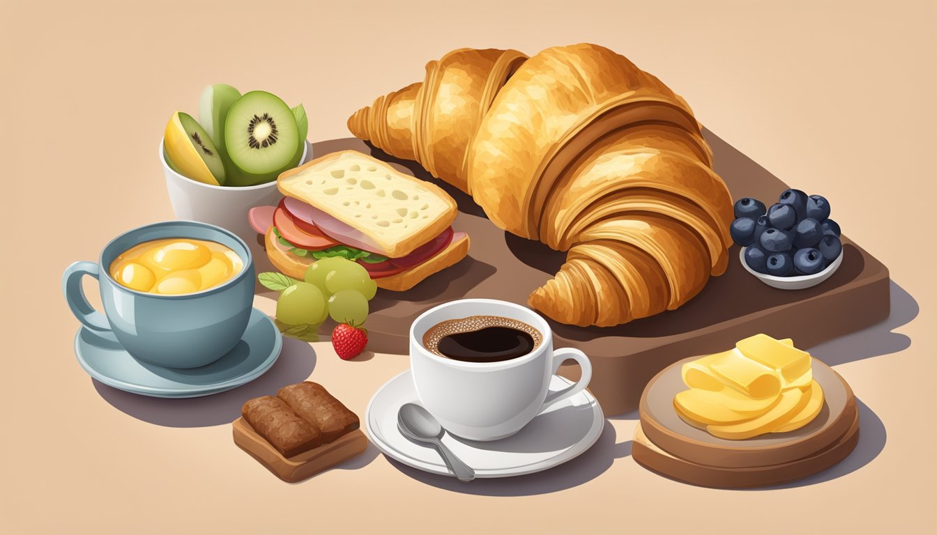 A golden croissant with sausage, egg, and Swiss cheese, surrounded by a cup of coffee and a side of fresh fruit