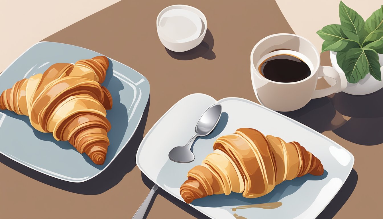 A flaky croissant with maple glaze and bacon, surrounded by a cup of coffee and fresh fruit on a simple, modern table setting