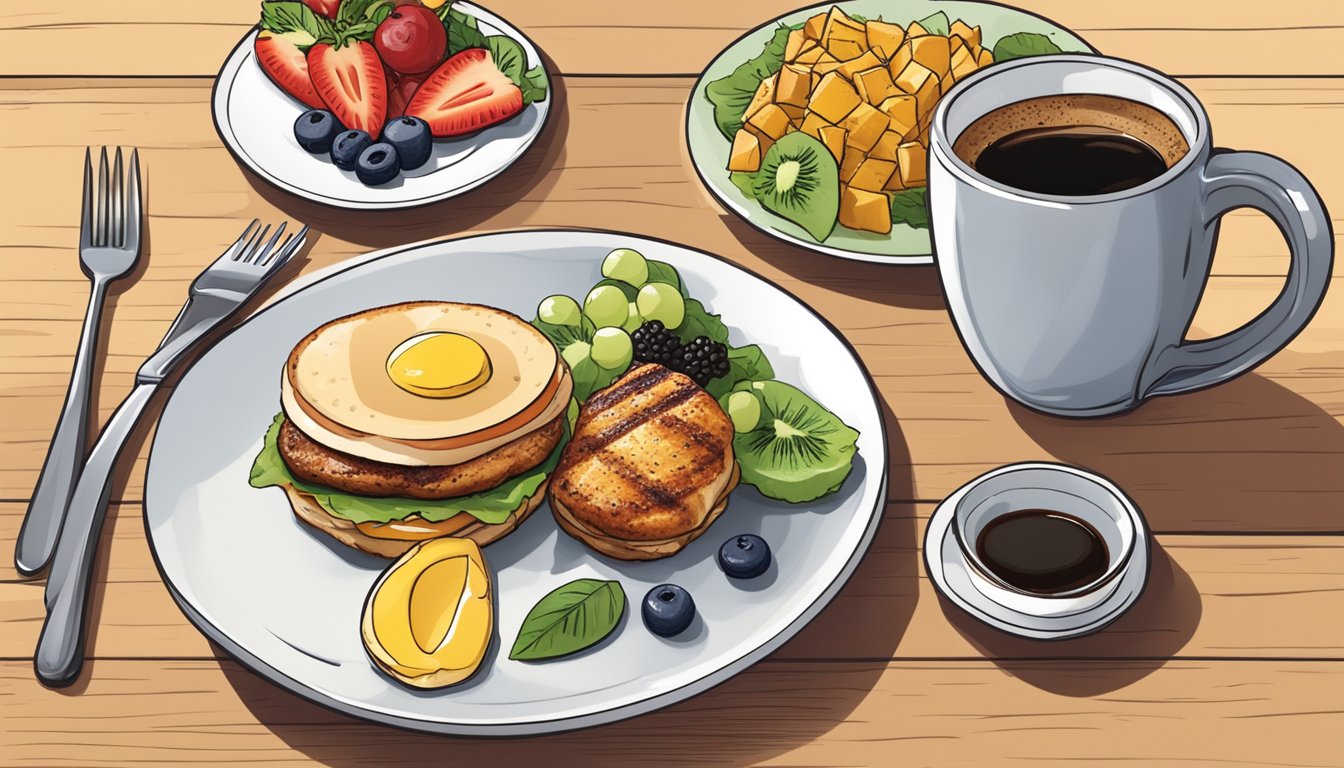 A plate with grilled chicken replacing sausage in a breakfast sandwich, accompanied by a side of fresh fruit and a cup of black coffee