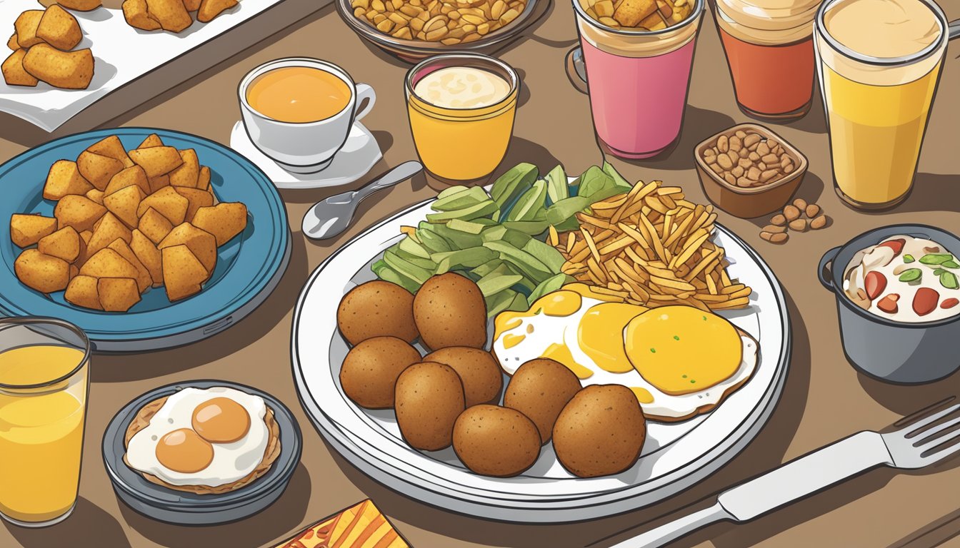 A plate of breakfast potatoes surrounded by a variety of Wendy's breakfast items, all arranged neatly on a table