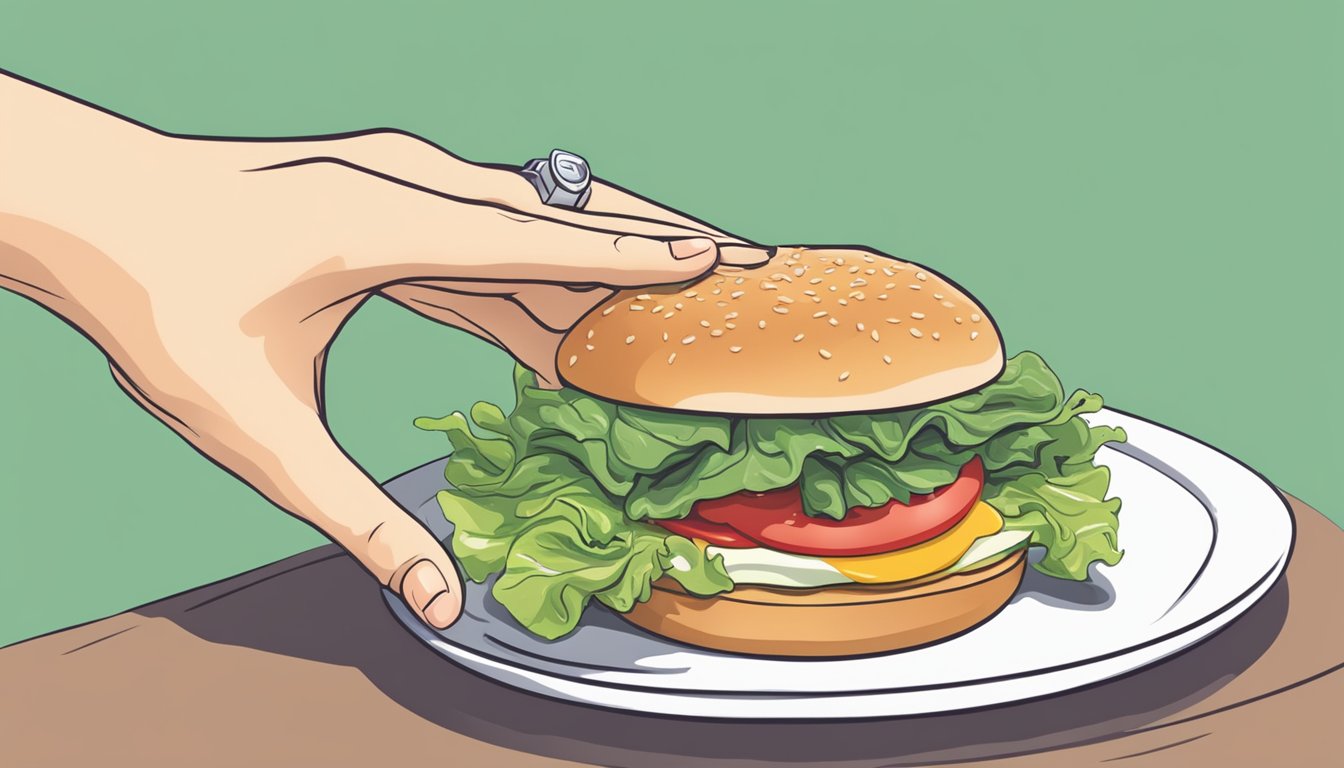 A hand placing lettuce and tomato on a breakfast sandwich