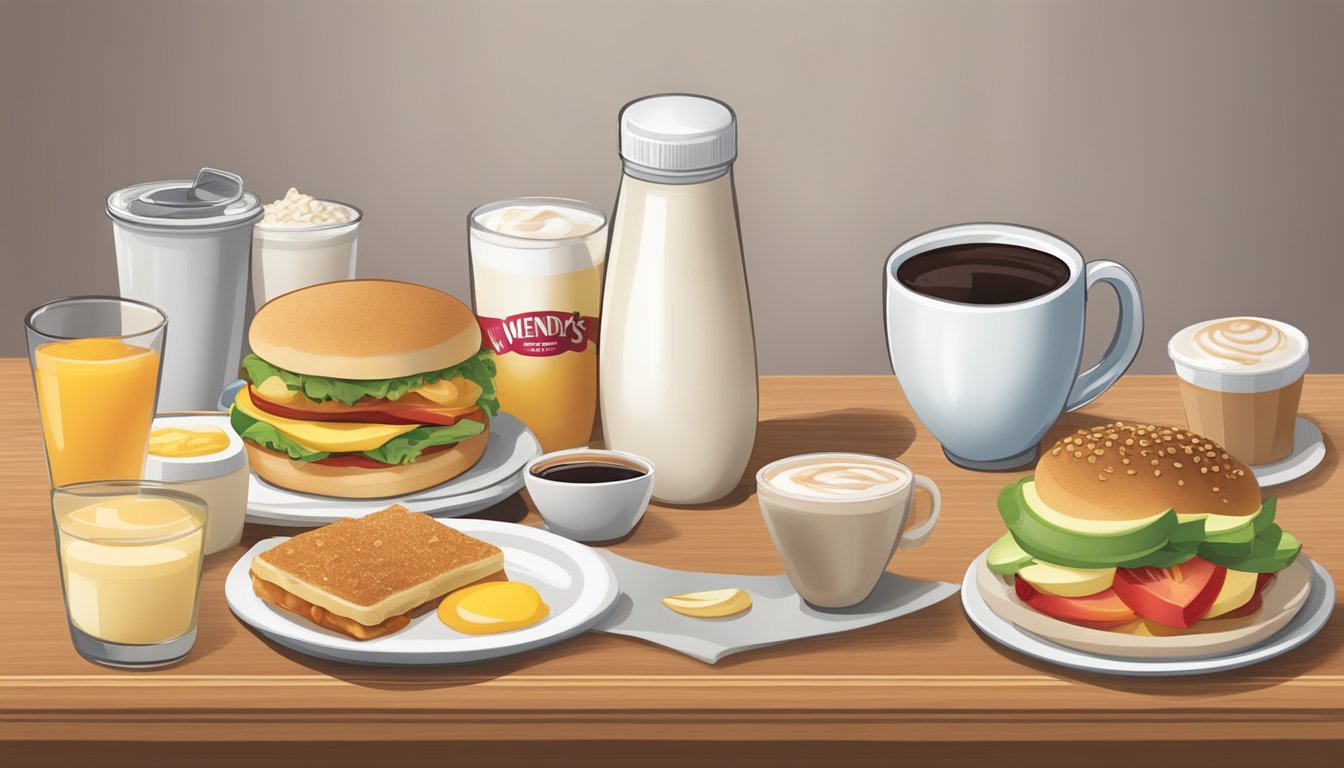 A table set with a variety of low-calorie breakfast items from Wendy's, including a breakfast sandwich, oatmeal, and a fruit cup, with a cup of coffee on the side