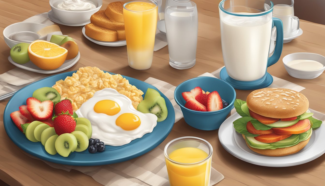 A table set with colorful, low-calorie breakfast items from Wendy's, including fresh fruit, yogurt, oatmeal, and a breakfast sandwich on a plate